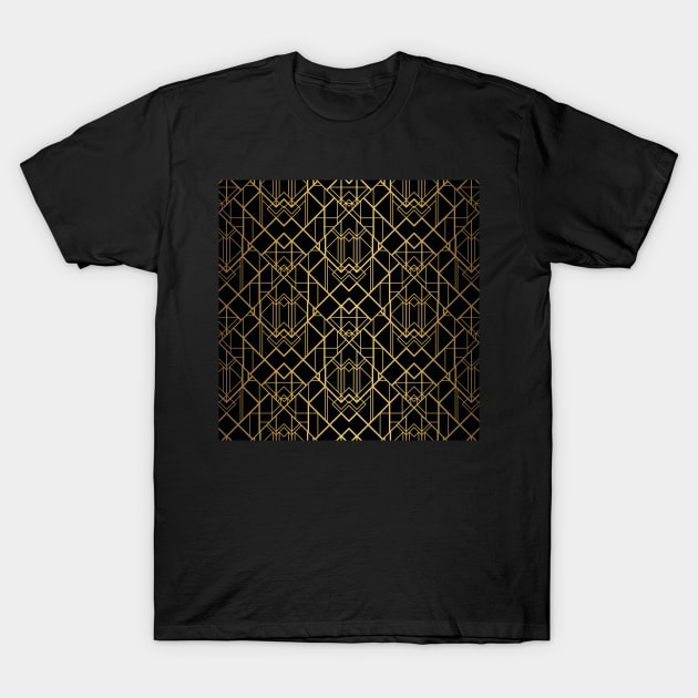 Black and Gold Vintage Faux Foil Art Deco Geometric Diamond Pattern T-Shirt by podartist